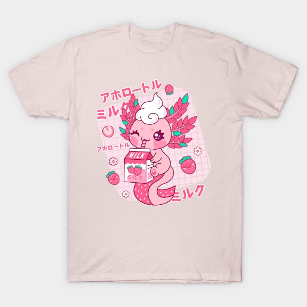 Axolotl kawaii Strawberry Milk Japanese T-Shirt by HollyDuck